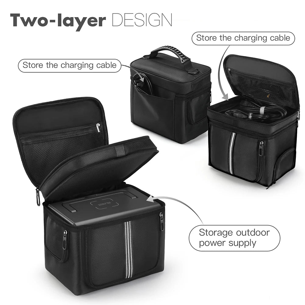 Black two-layer carrying case for BLUETTI EB3A power station, featuring a handle and zippered compartments for cable storage.