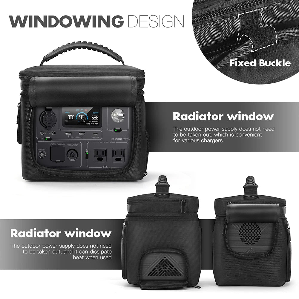 Black waterproof carrying case for BLUETTI EB3A power station, featuring a handle and ventilation design.