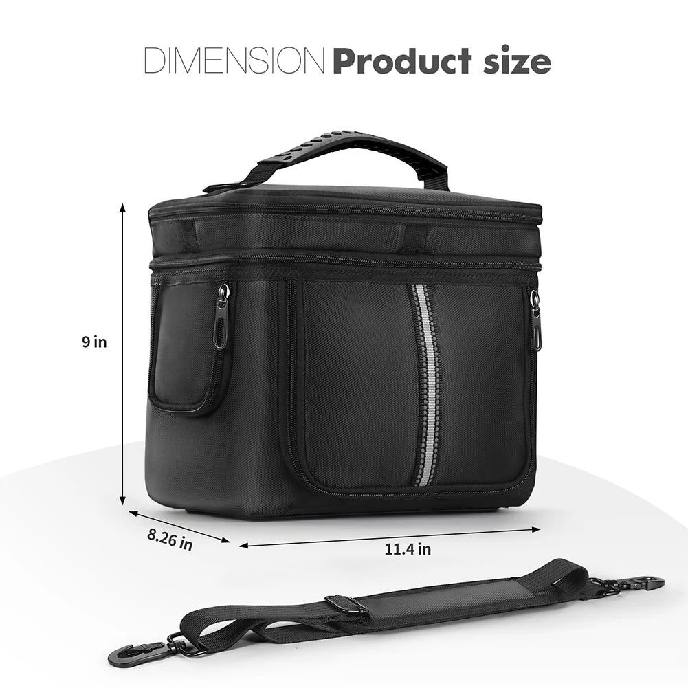 Black carrying case for BLUETTI EB3A power station, featuring a handle and zippered pockets, measures 11.4x8.26x9 inches.
