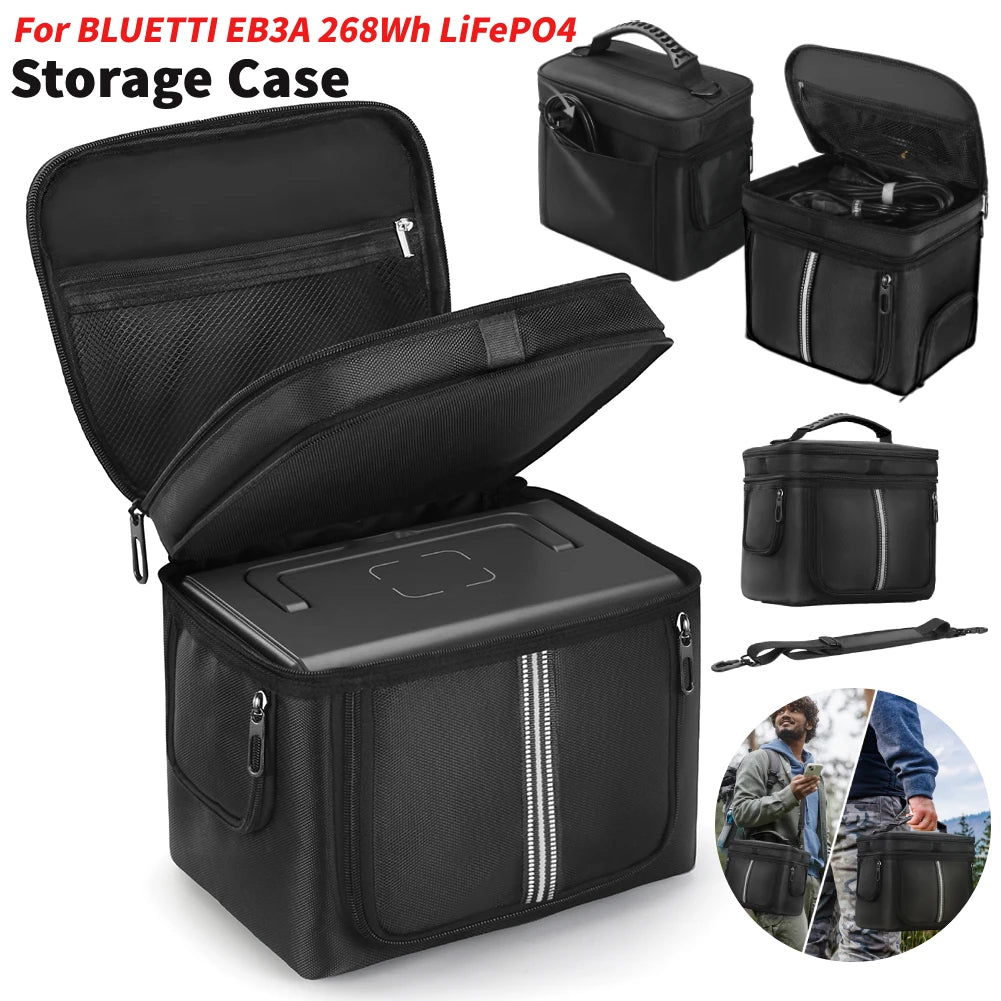 Black carrying case designed for the BLUETTI EB3A power station, featuring a waterproof exterior and adjustable handle.