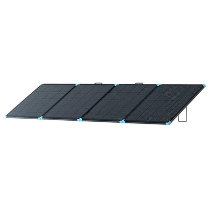 Renogy 400W portable solar suitcase with a foldable design, featuring black solar panels and blue clips for easy setup.