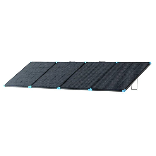 Renogy 400W portable solar suitcase with a foldable design, featuring black solar panels and blue clips for easy setup.