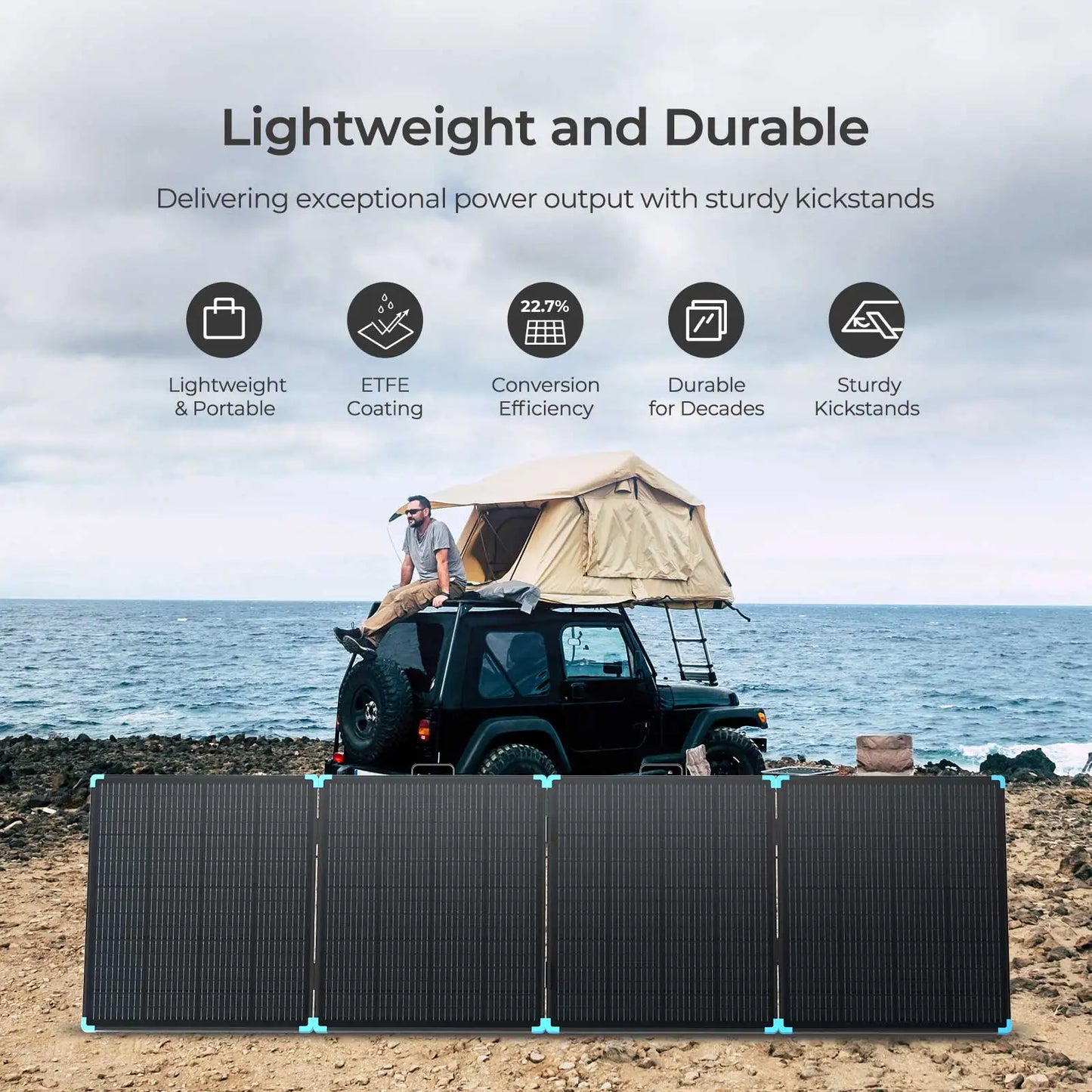 Renogy 400W Lightweight Portable Solar Suitcase displayed on a rocky beach beside an SUV, featuring a foldable design and sturdy kickstands.