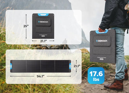Foldable Renogy 200W Portable Solar Panel in black with blue accents, held by a person in a rugged outdoor setting.