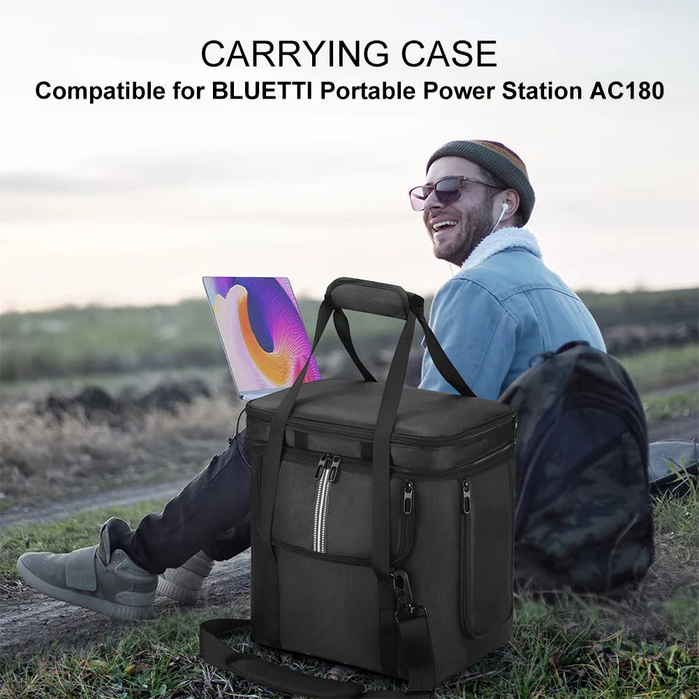 Portable carrying case for power stations shown outdoors, person with laptop and backpack nearby