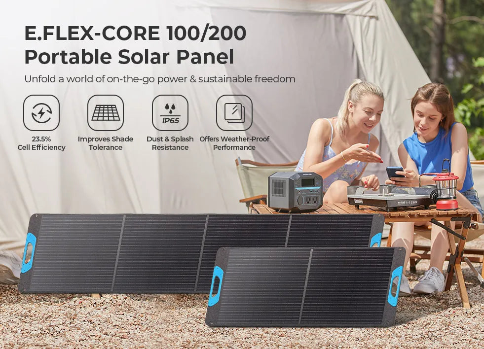 Foldable 200W Renogy portable solar panel with IP65 waterproof rating, shown beside a power station, in a camping setting.