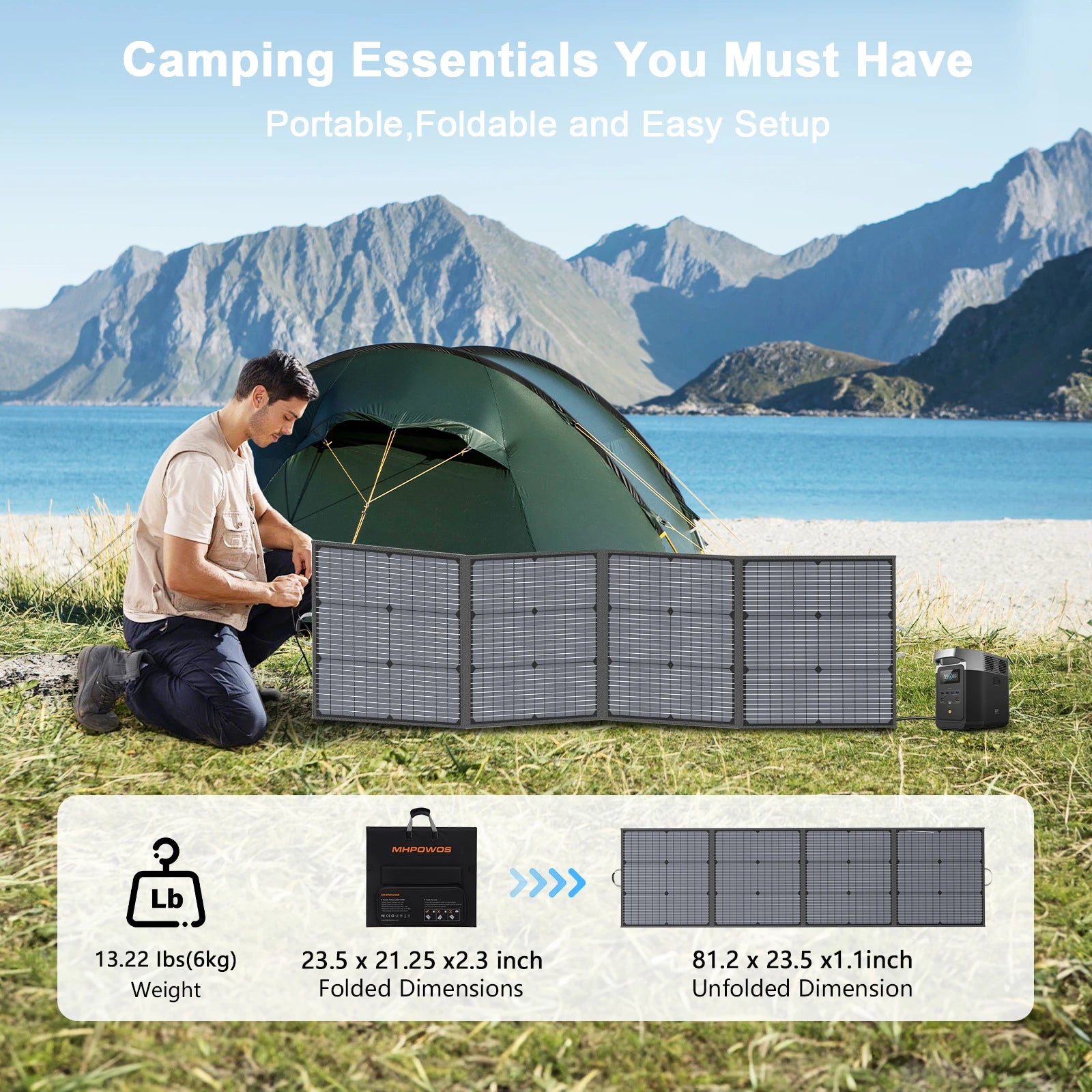 Foldable 220W solar panel in gray, with a model using it outdoors near a green tent, showcasing its portability and design.
