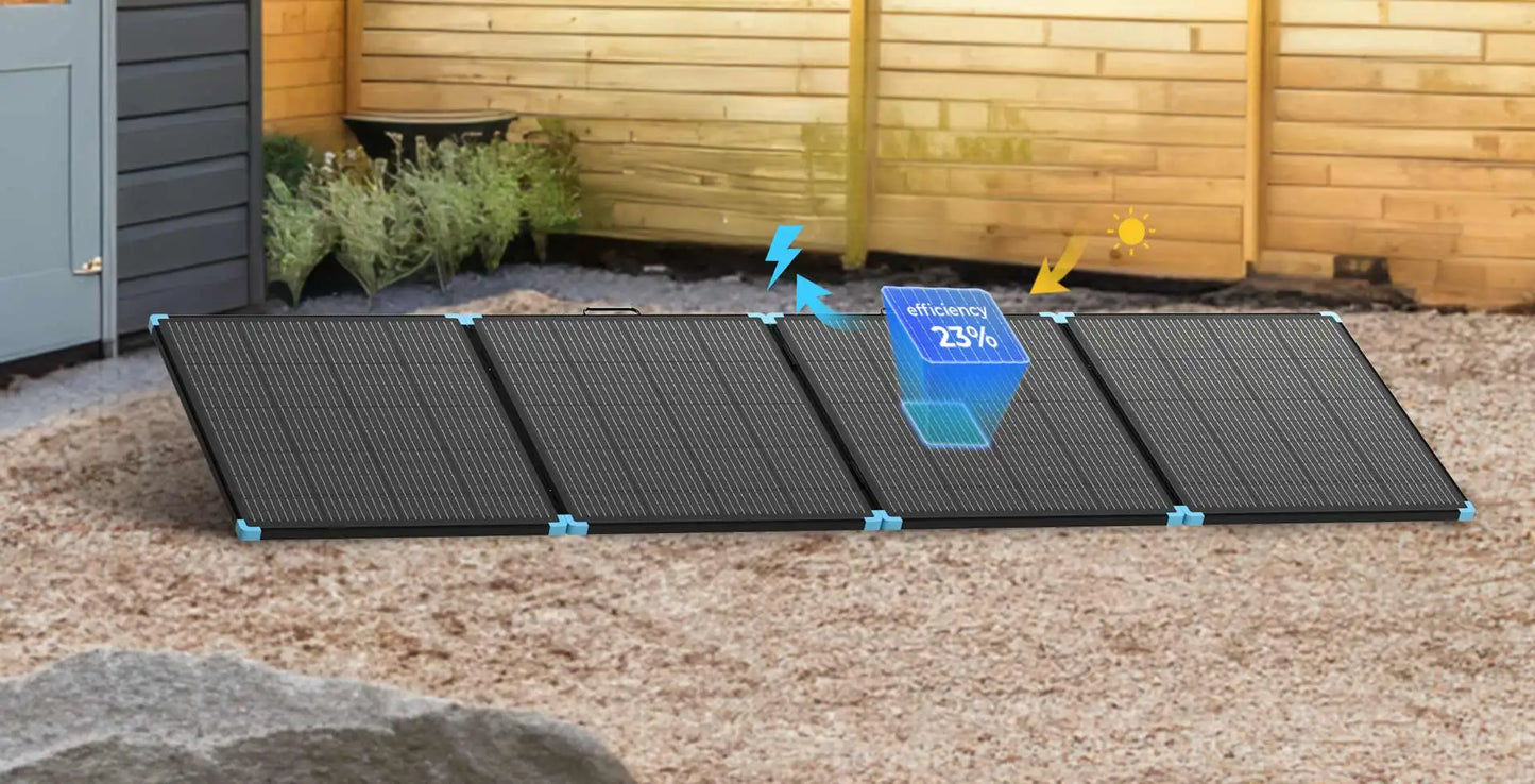 Renogy 400W Lightweight Portable Solar Suitcase, featuring a compact black design with blue corner accents, set up outdoors.
