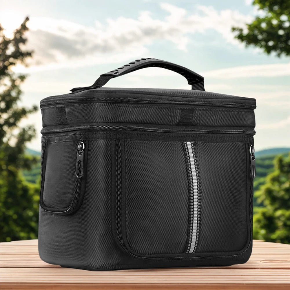 Black carrying case for the BLUETTI EB3A power station, featuring a zippered top, front pocket, and durable, waterproof material.