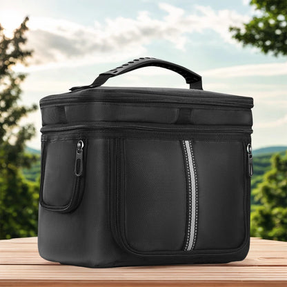 Black carrying case for the BLUETTI EB3A power station, featuring a zippered top, front pocket, and durable, waterproof material.