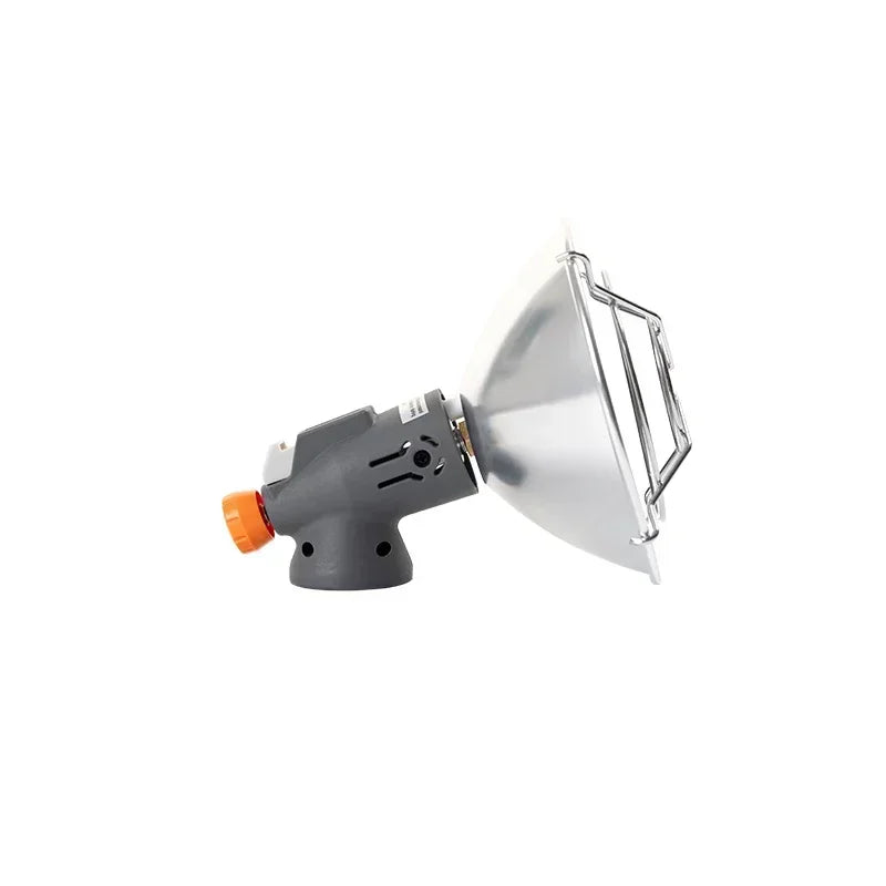 Portable lamp with a silver shade on a white background