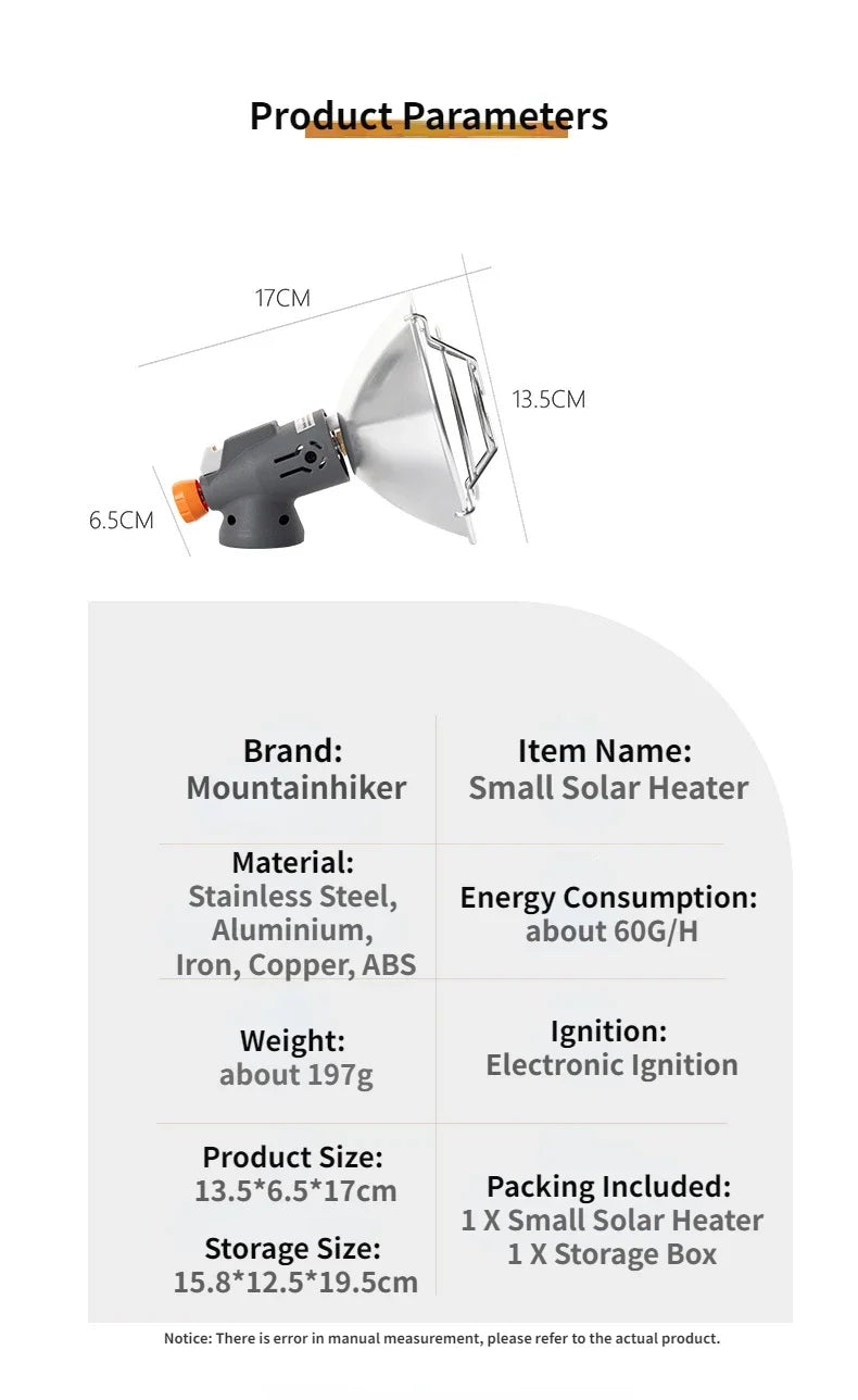 Product parameters of a small solar heater with dimensions and features listed.