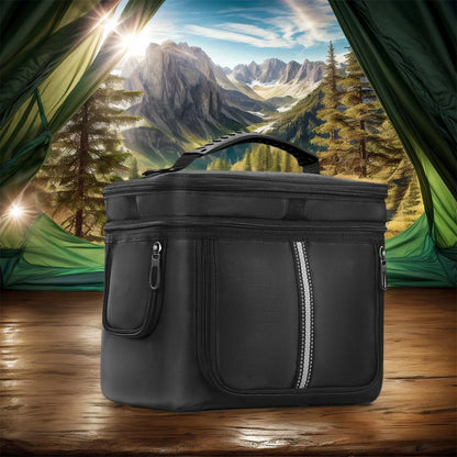 Black carrying case designed for the BLUETTI EB3A power station, made from waterproof fabric with a handle.