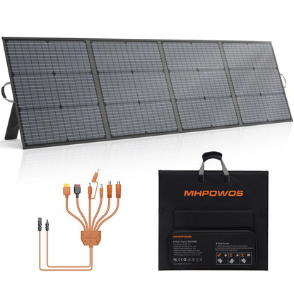 Foldable MHPOWOS 220W solar panel featuring four monocrystalline sections, IP67 waterproof rating, and a 7-in-1 charging cable.