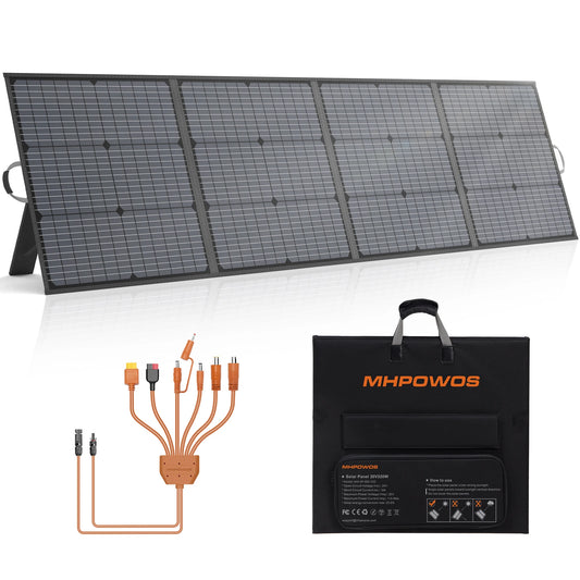 Foldable MHPOWOS 220W solar panel featuring four monocrystalline sections, IP67 waterproof rating, and a 7-in-1 charging cable.