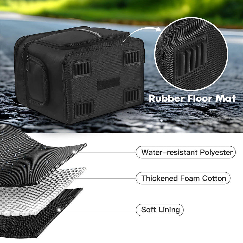 Black carrying case for BLUETTI EB3A, made of waterproof fabric, with reinforced bottom and padded soft lining.
