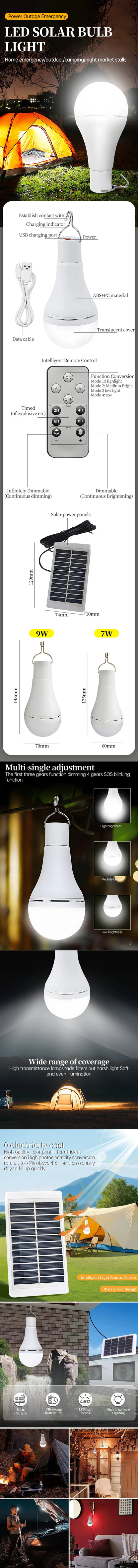 Rechargeable Solar Camping Light with remote control, featuring a white bulb design, USB and solar charging options, and a durable hanging hook.