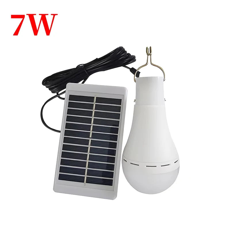 Rechargeable solar camping light with remote control and a white hanging bulb, accompanied by a rectangular solar panel.