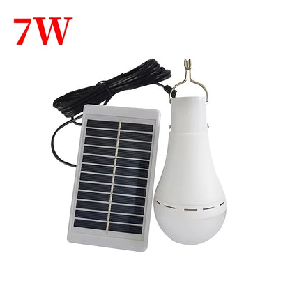 Rechargeable solar camping light with remote control and a white hanging bulb, accompanied by a rectangular solar panel.