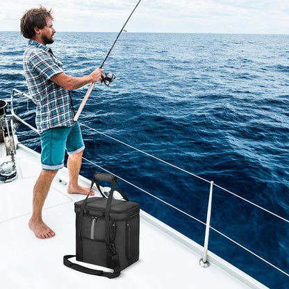 Man fishing on a boat with a portable solar generator bag on the deck, ocean in background