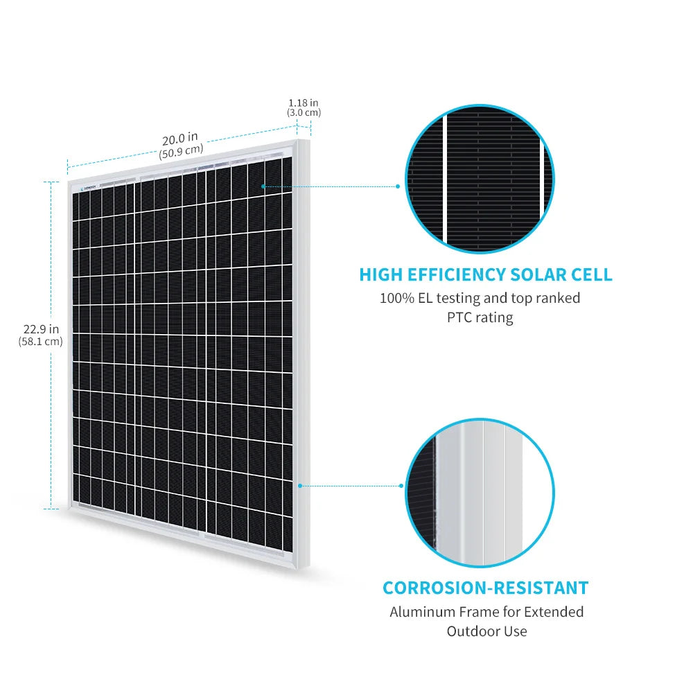 High-efficiency solar panel with aluminum corrosion-resistant frame and detailed dimensions.