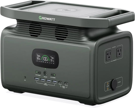 Portable Growatt solar generator with LCD display and multiple power outlets for renewable energy