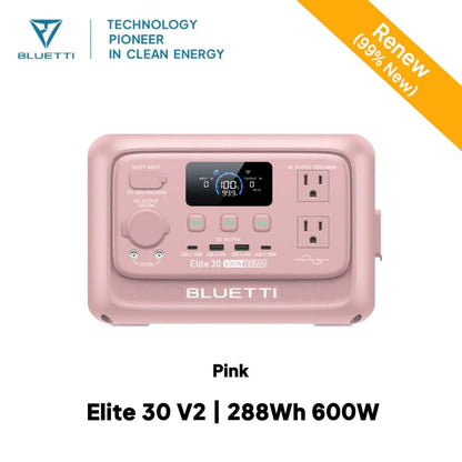 Portable solar power station in pink with LCD display, two AC outlets, multiple USB ports, and various input options.