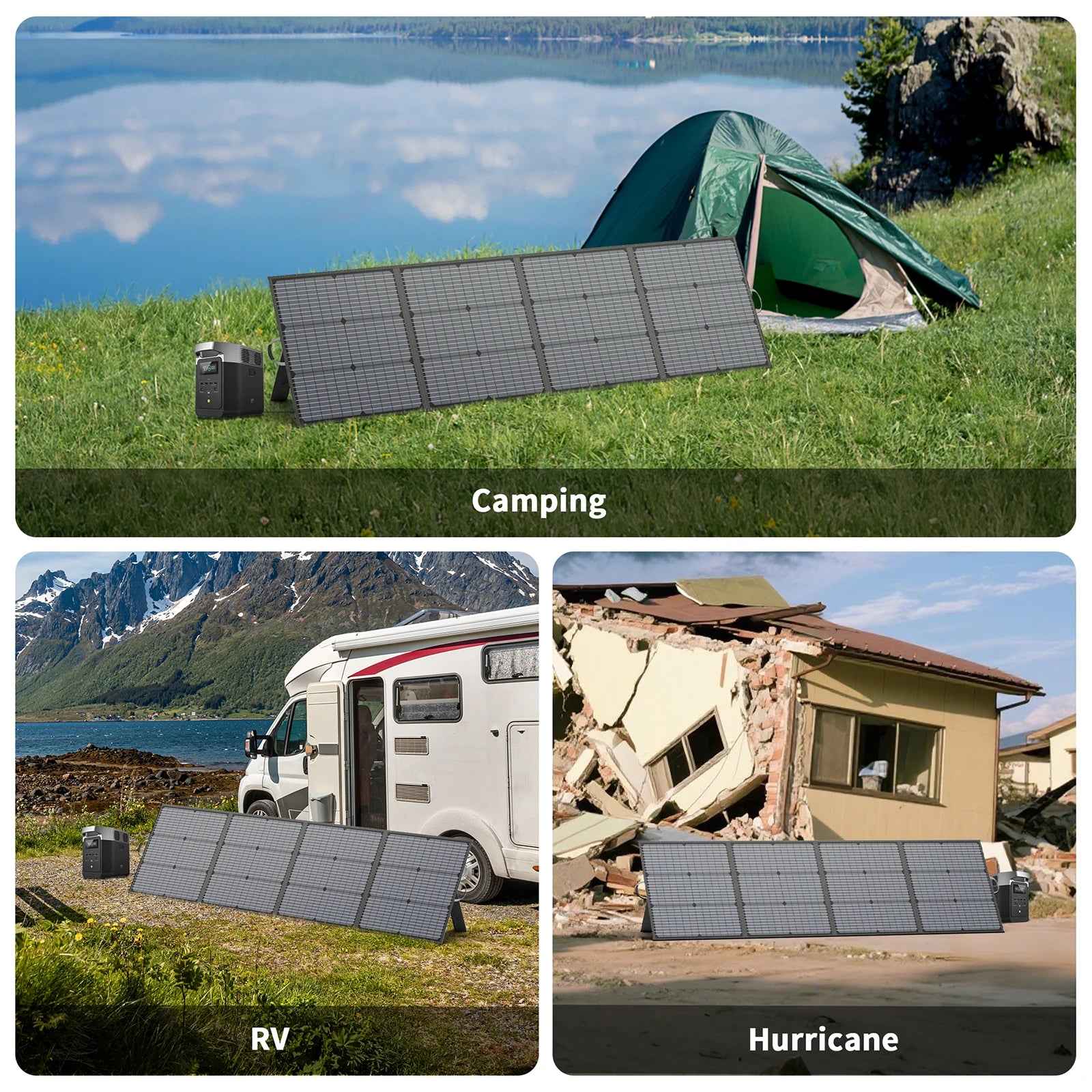 Foldable MHPOWOS 220W solar panel displayed outdoors, positioned next to a power station in various settings: camping, RV, and disaster relief.