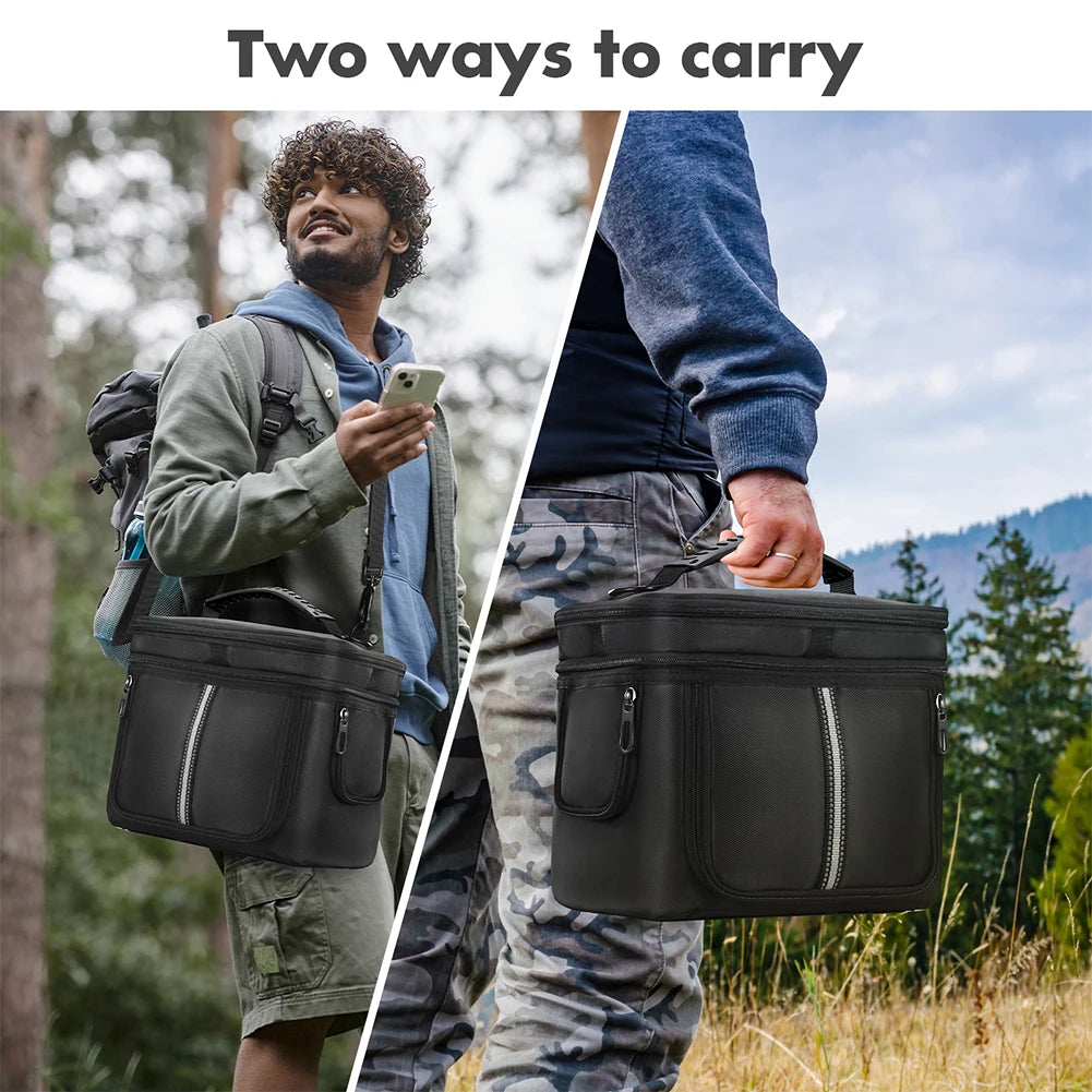 Black carrying case for BLUETTI EB3A, featuring handles, zipper pocket, and waterproof fabric, shown being used outdoors.