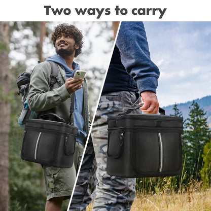 Black carrying case for BLUETTI EB3A, featuring handles, zipper pocket, and waterproof fabric, shown being used outdoors.