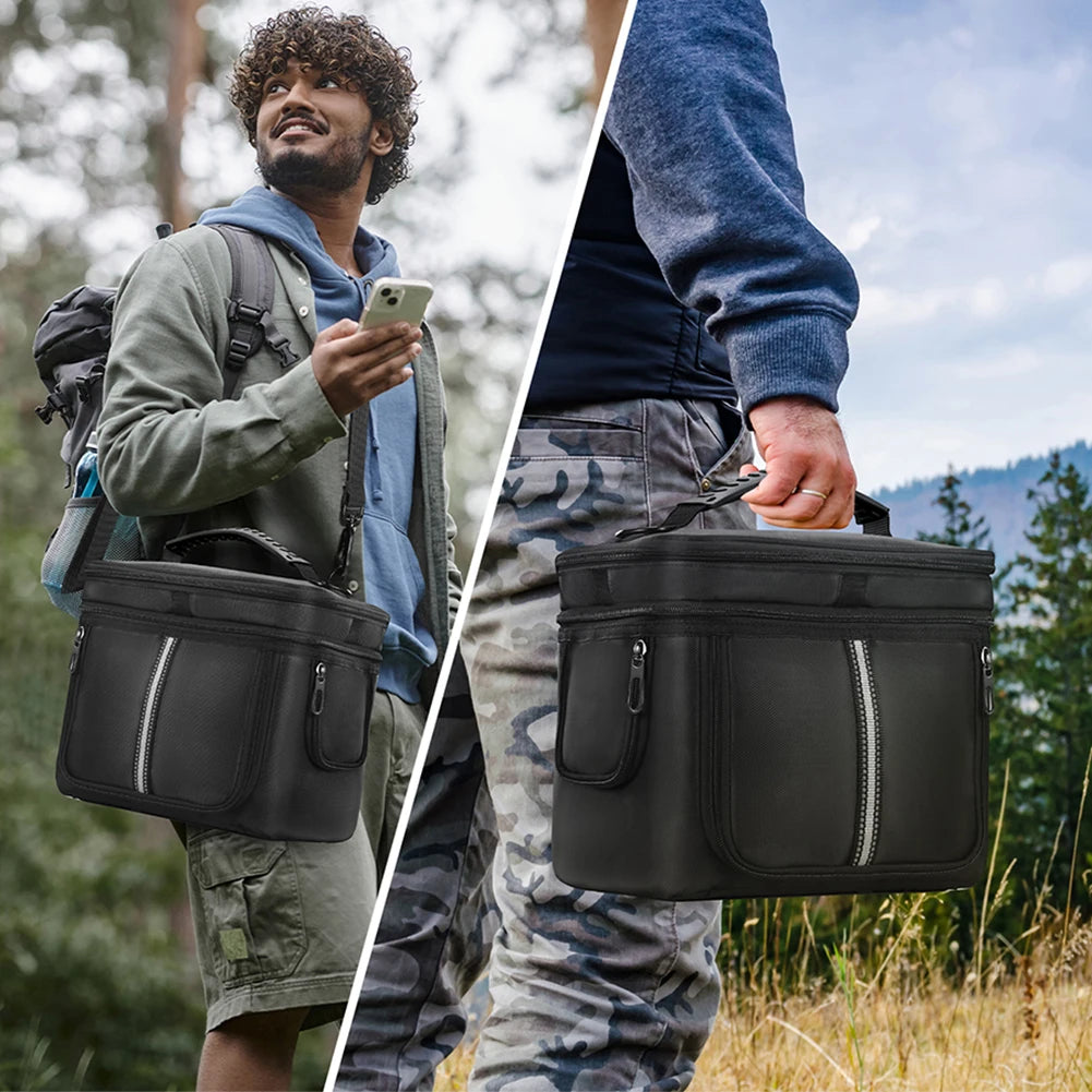 Black portable carrying case with a handle for the BLUETTI EB3A power station, shown being held by a person outdoors.