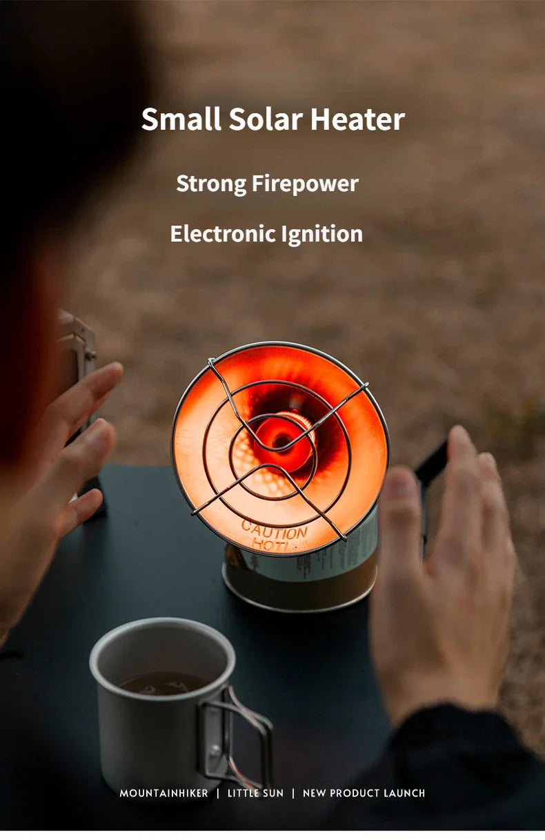Small solar heater with electronic ignition being used to warm a cup of coffee.