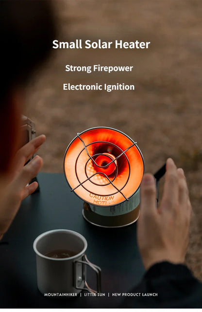 Small solar heater with electronic ignition being used to warm a cup of coffee.