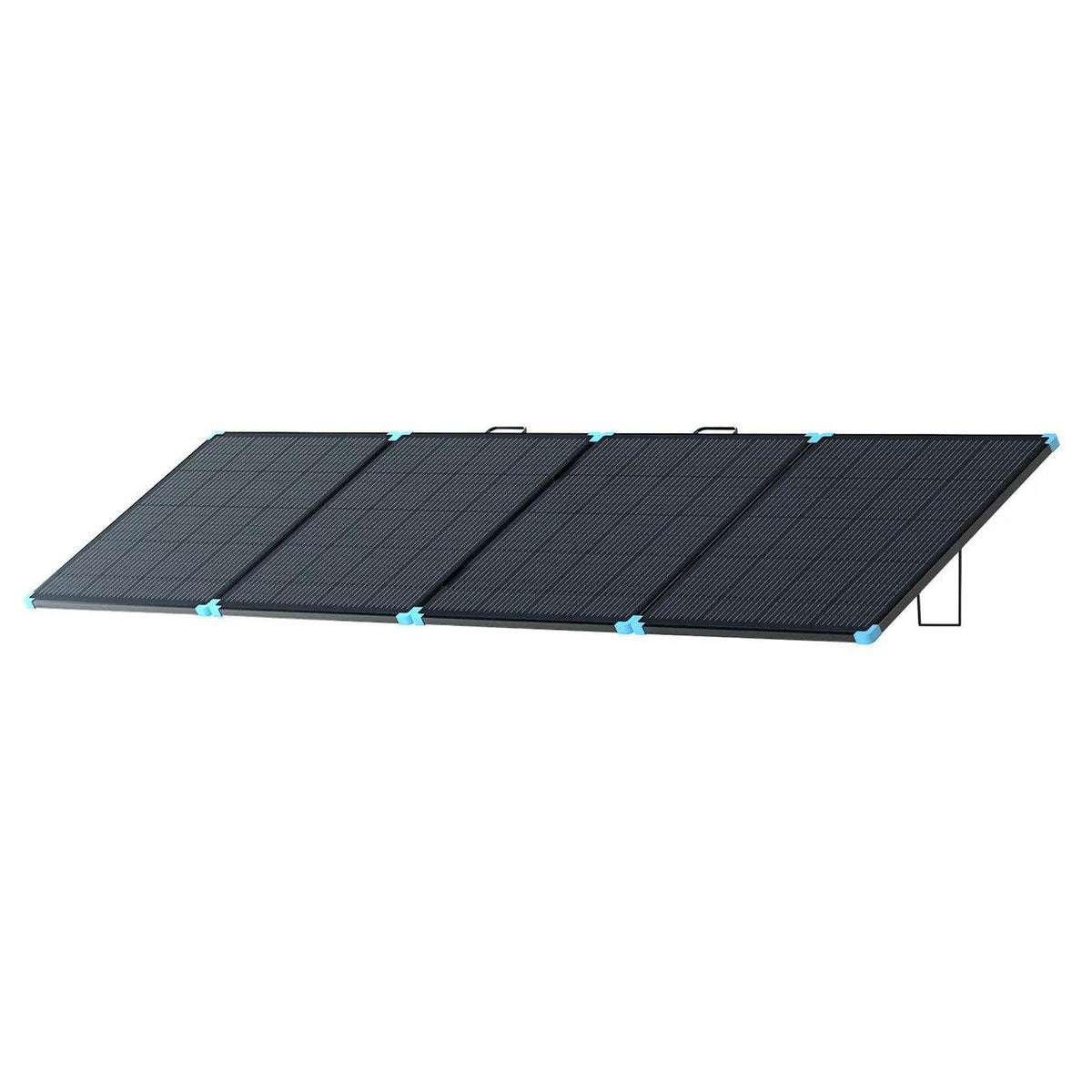 Foldable Renogy 400W portable solar suitcase in black with blue accents, featuring durable kickstands for easy setup.