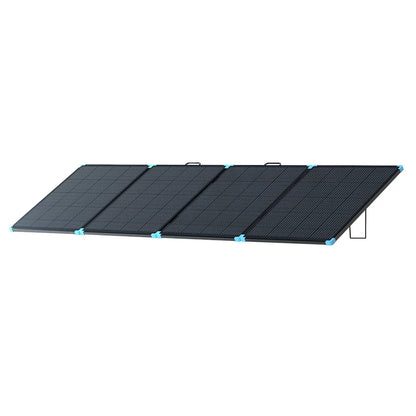 Foldable Renogy 400W portable solar suitcase in black with blue accents, featuring durable kickstands for easy setup.