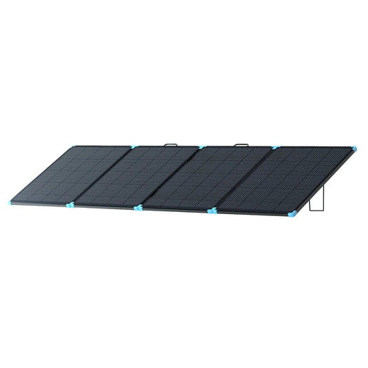 Foldable Renogy 400W portable solar suitcase in black with blue accents, featuring durable kickstands for easy setup.