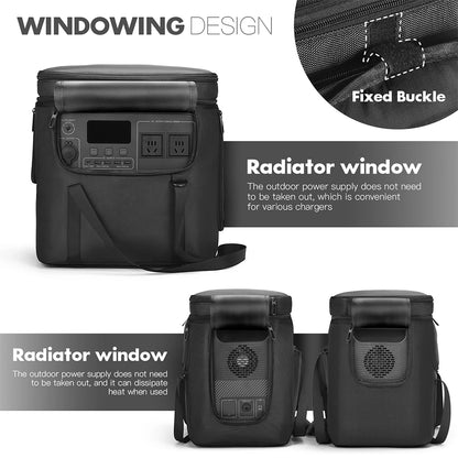 Portable outdoor power station carrying case with radiator window, fixed buckle, and charger ports.