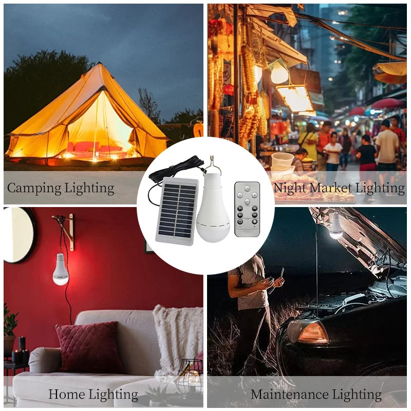 Rechargeable solar camping light with remote, white bulb, solar panel, and control features, suitable for various outdoor settings.