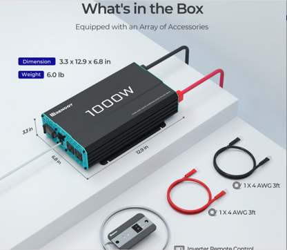 1000W solar power inverter kit with cables, remote control, dimensions and weight details