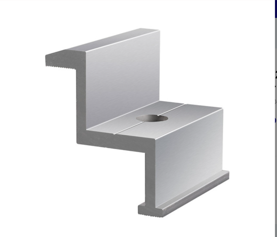 Aluminum solar panel mounting bracket with central bolt hole, isolated on white background