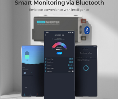 Bluetooth solar inverter smart monitoring app interface with battery status and device search