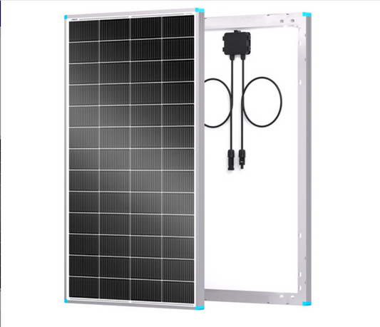 Monocrystalline solar panel front and back view with connection cables on white background