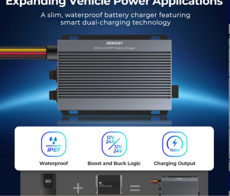 Slim waterproof dual-charging vehicle battery charger with boost, buck logic, 720W output.
