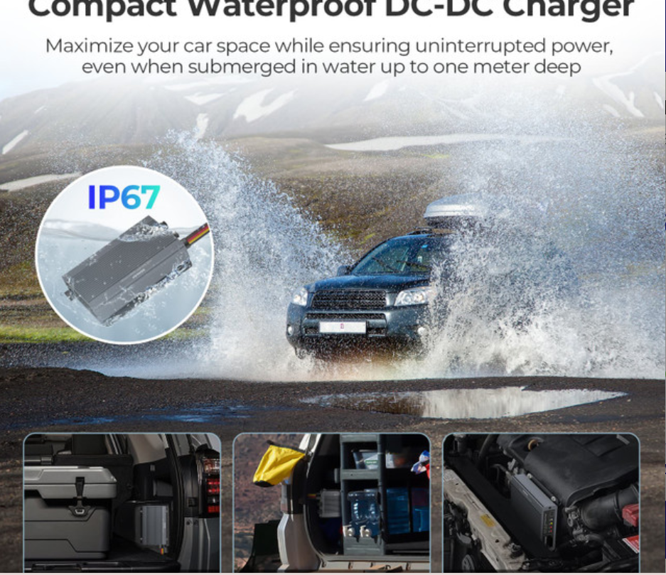 IP67 waterproof DC-DC charger powering car through water, compact design for outdoor use