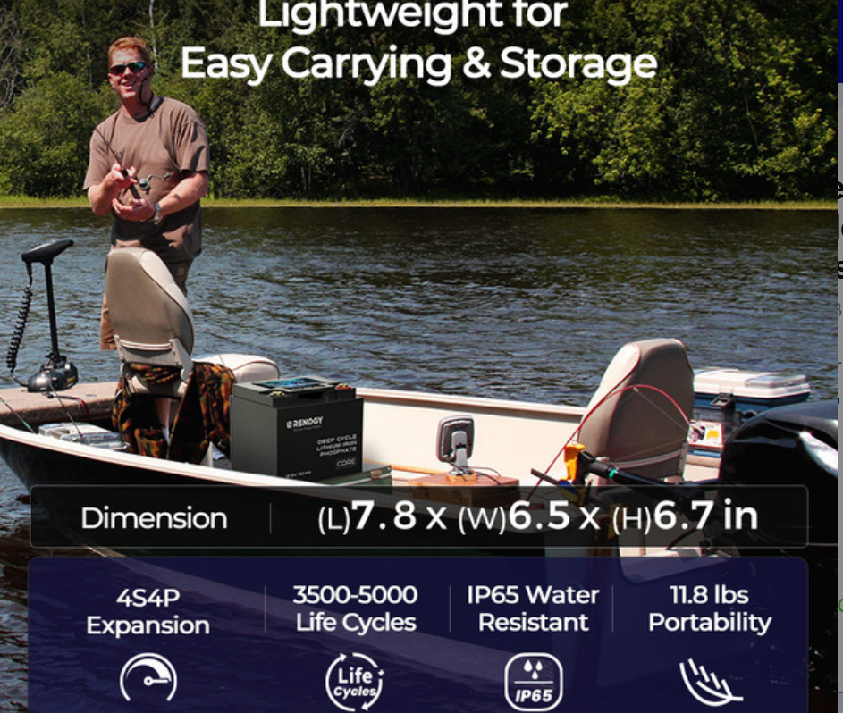 Man fishing on a boat with a compact portable deep cycle battery, lake and forest background