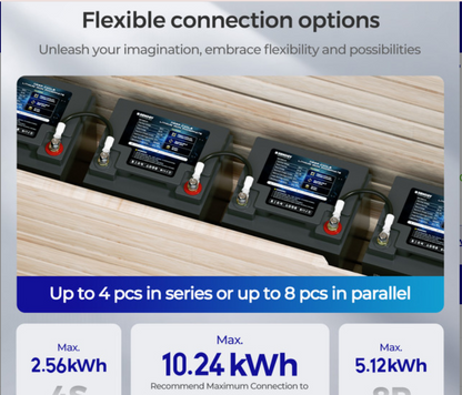 Lithium solar batteries connected in series, showing flexible setup for solar generator systems.
