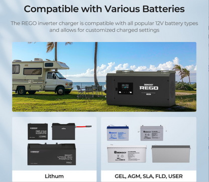 Inverter charger with lithium and 12V battery types near RV by beach, solar generator compatible.