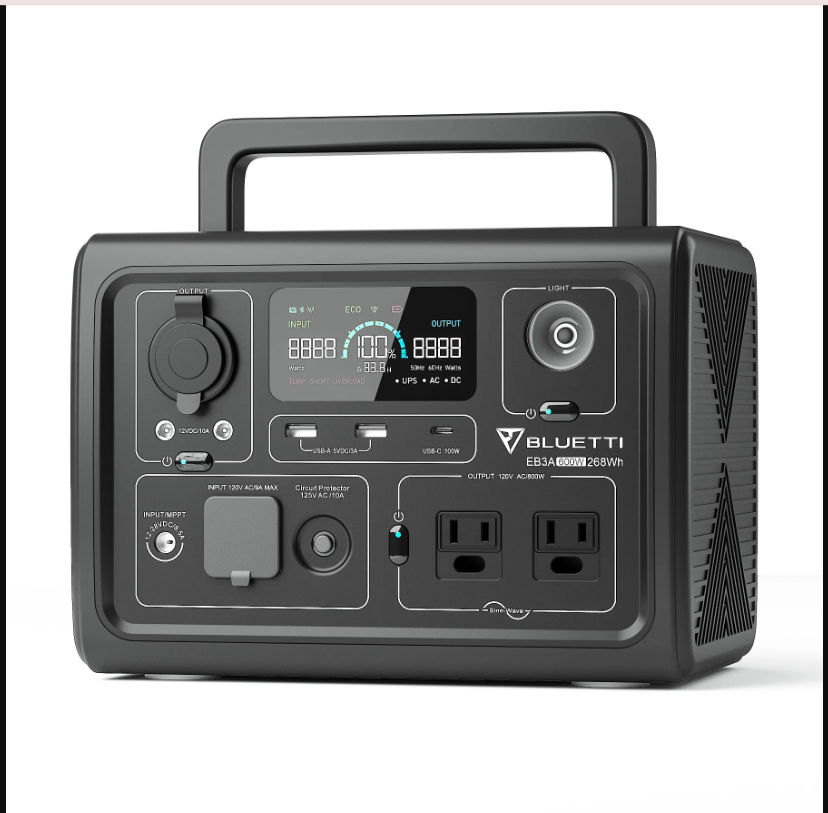 Portable solar generator with digital display, multiple power outlets, and carrying handle