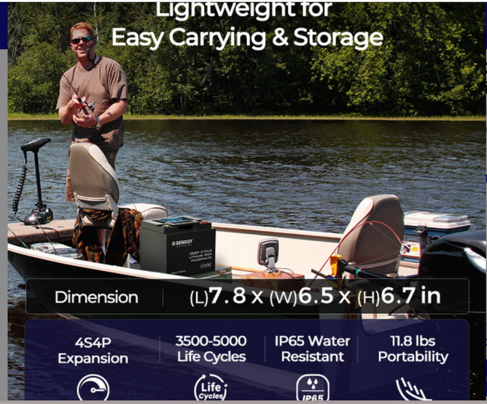 Man fishing on a boat with Renogy deep cycle lithium battery, portable solar generator for outdoors