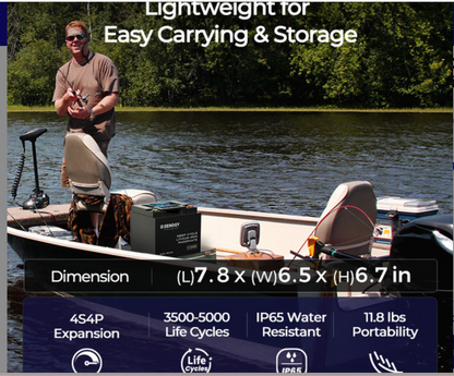 Man fishing on a boat with Renogy deep cycle lithium battery, portable solar generator for outdoors